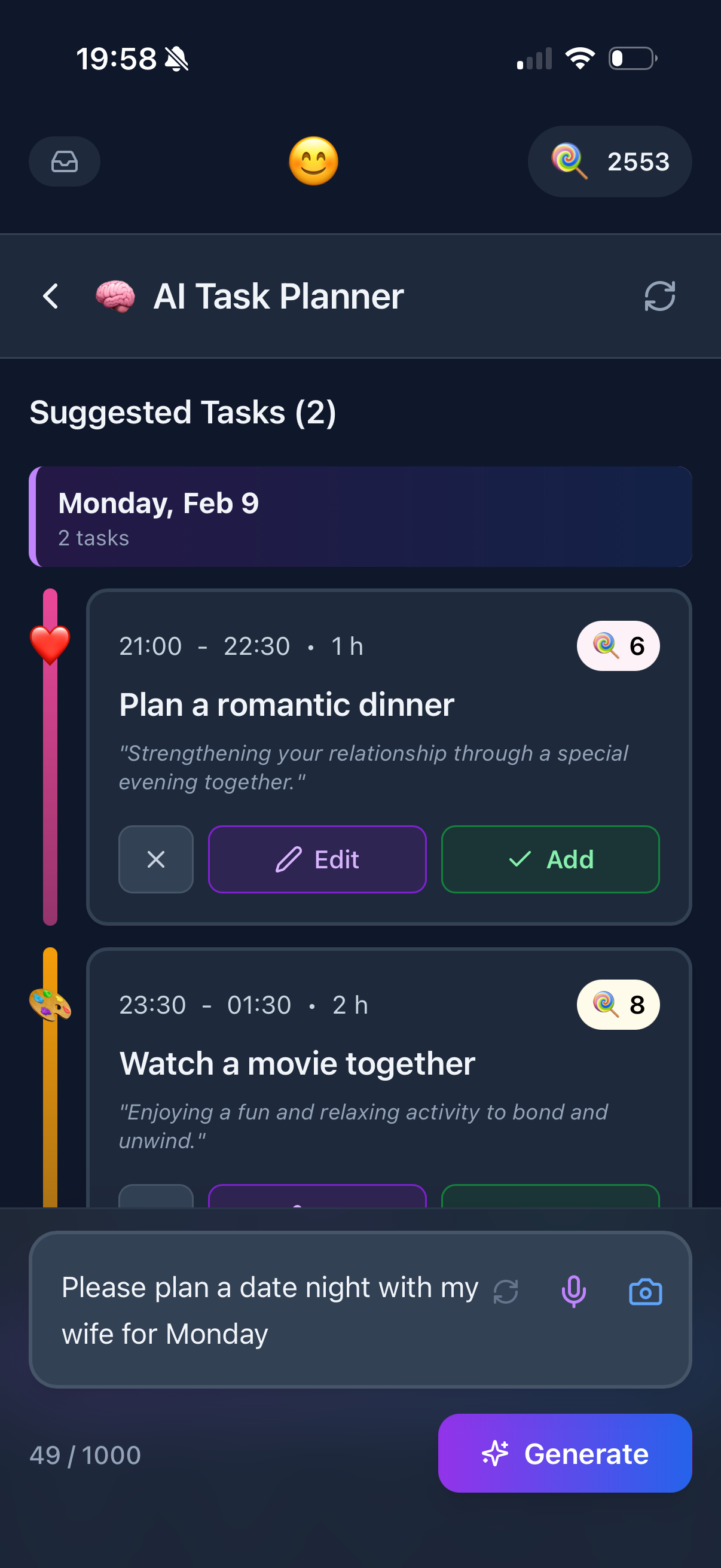 AI Task Planner suggesting date night tasks