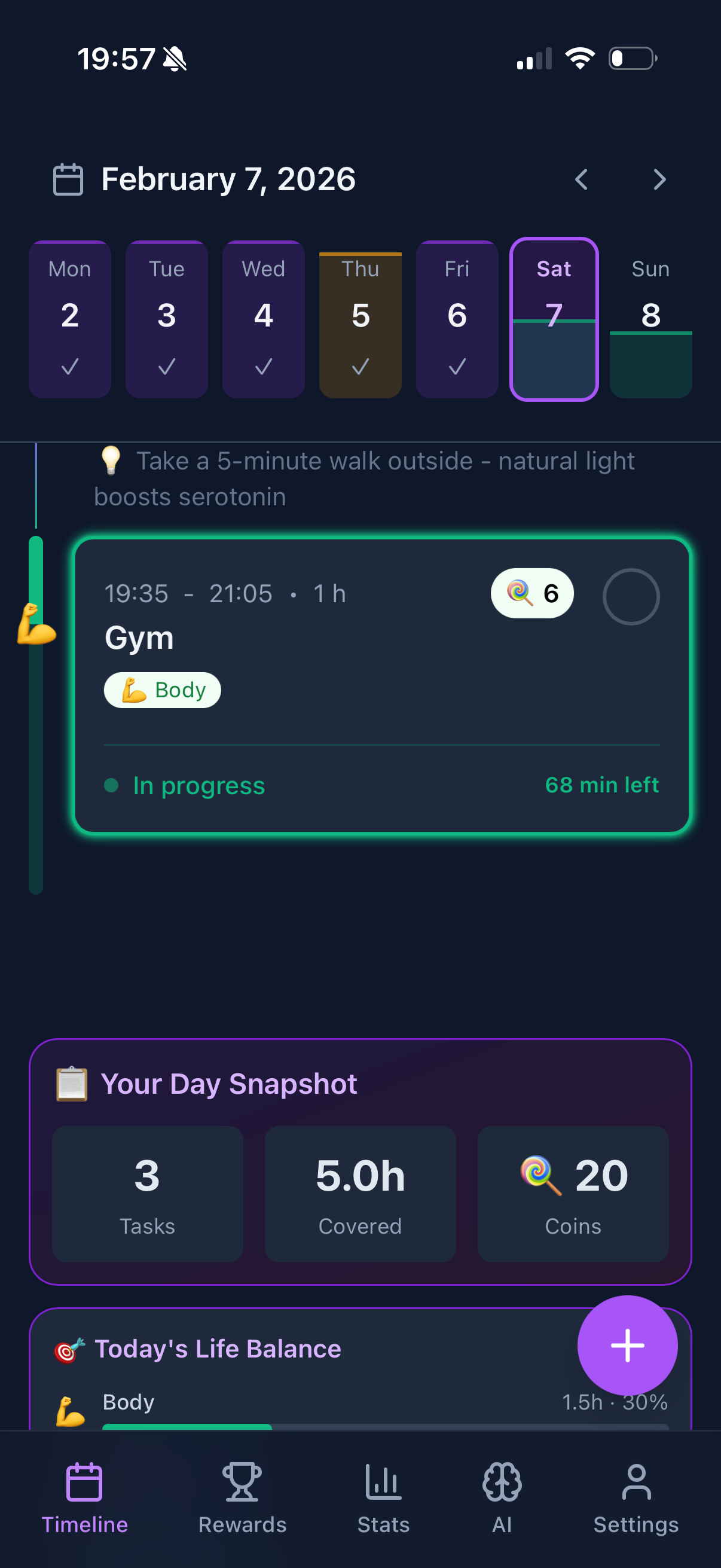 Funtasking daily timeline with active task, day snapshot, and life balance