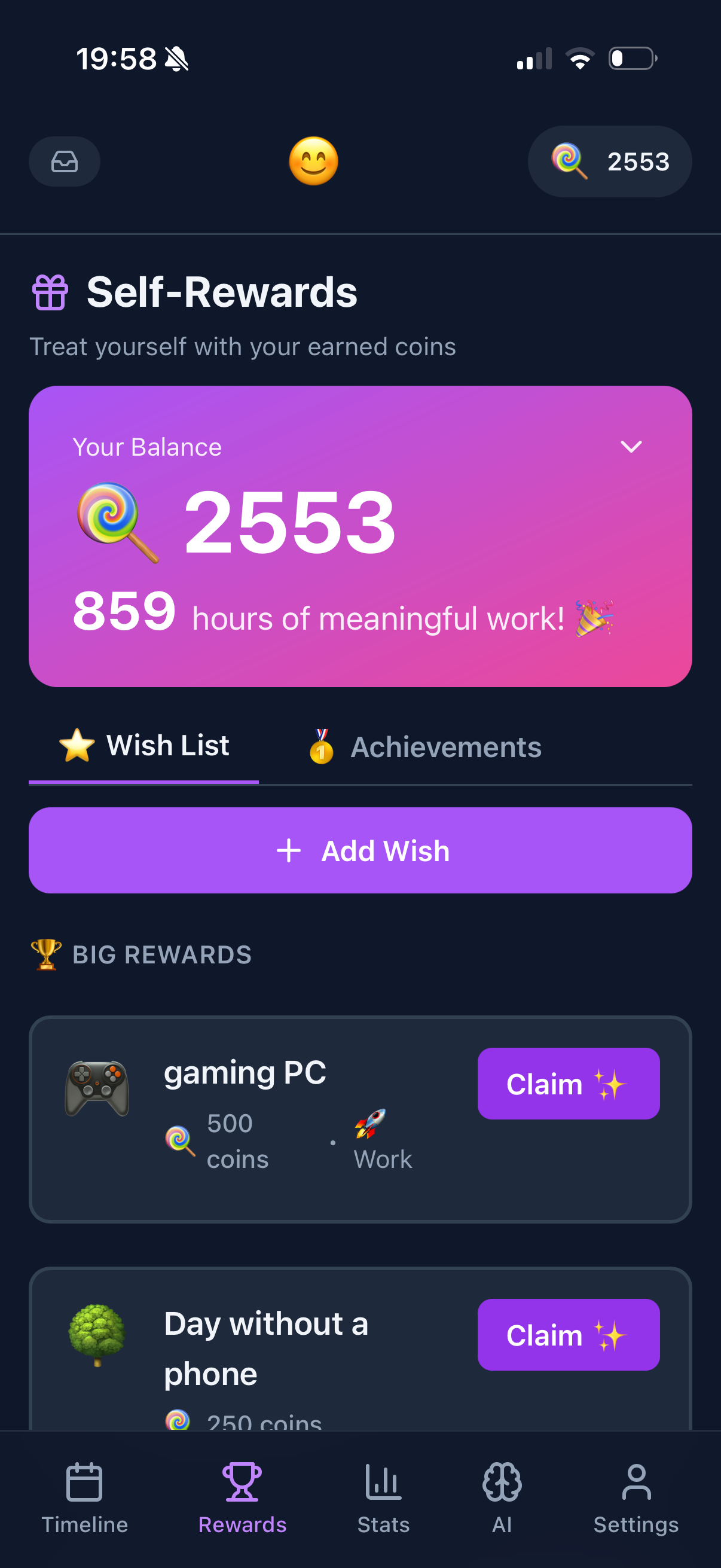Self-Rewards wish store with coin balance and reward list