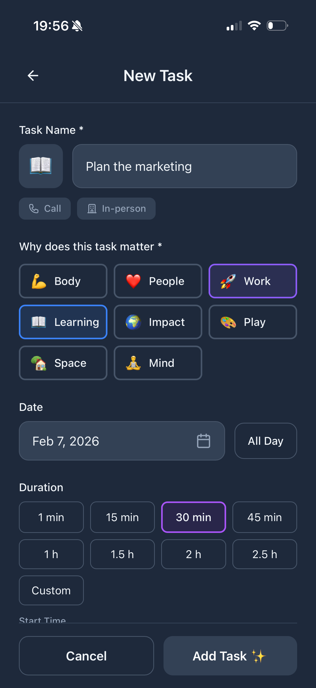 Creating a task with purpose category selection